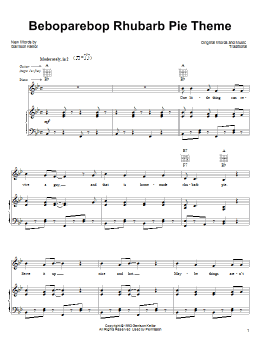 Learn to play Garrison Keillor Beboparebop Rhubarb Pie Theme sheet music for Piano, Vocal & Guitar (Right-Hand Melody) in minutes. Garrison Keillor Beboparebop Rhubarb Pie Theme sheet music notes and chords. Download Printable PDF.