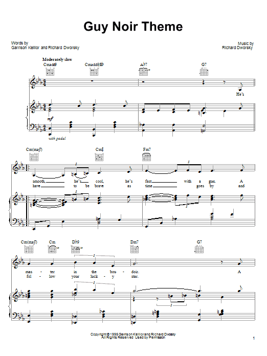 Learn to play Garrison Keillor Guy Noir Theme sheet music for Piano, Vocal & Guitar (Right-Hand Melody) in minutes. Garrison Keillor Guy Noir Theme sheet music notes and chords. Download Printable PDF.