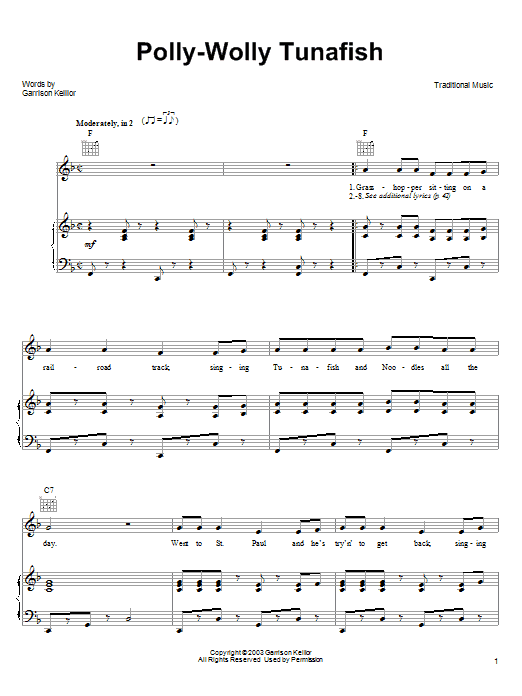 Learn to play Garrison Keillor Polly-Wolly Tunafish sheet music for Piano, Vocal & Guitar (Right-Hand Melody) in minutes. Garrison Keillor Polly-Wolly Tunafish sheet music notes and chords. Download Printable PDF.