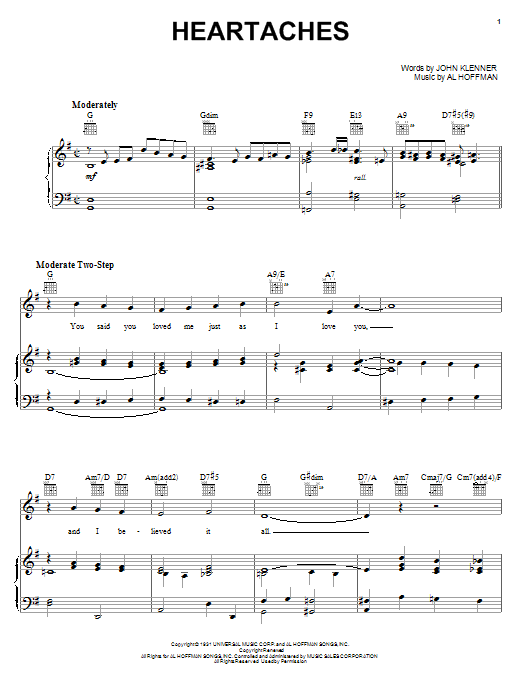Learn to play Patsy Cline Heartaches sheet music for Piano, Vocal & Guitar (Right-Hand Melody) in minutes. Patsy Cline Heartaches sheet music notes and chords. Download Printable PDF.