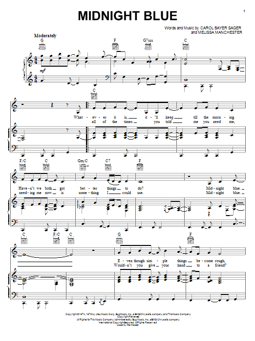 Learn to play Melissa Manchester Midnight Blue sheet music for Piano, Vocal & Guitar (Right-Hand Melody) in minutes. Melissa Manchester Midnight Blue sheet music notes and chords. Download Printable PDF.