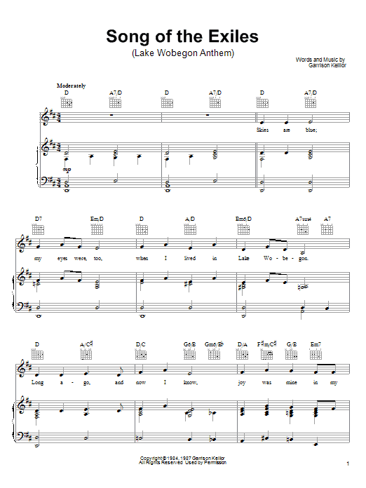Learn to play Garrison Keillor Song Of The Exiles sheet music for Piano, Vocal & Guitar (Right-Hand Melody) in minutes. Garrison Keillor Song Of The Exiles sheet music notes and chords. Download Printable PDF.