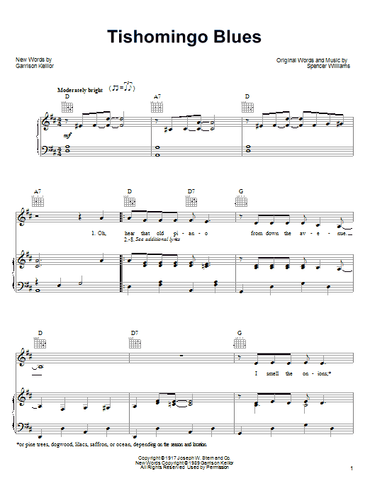 Learn to play Garrison Keillor Tishomingo Blues sheet music for Piano, Vocal & Guitar (Right-Hand Melody) in minutes. Garrison Keillor Tishomingo Blues sheet music notes and chords. Download Printable PDF.