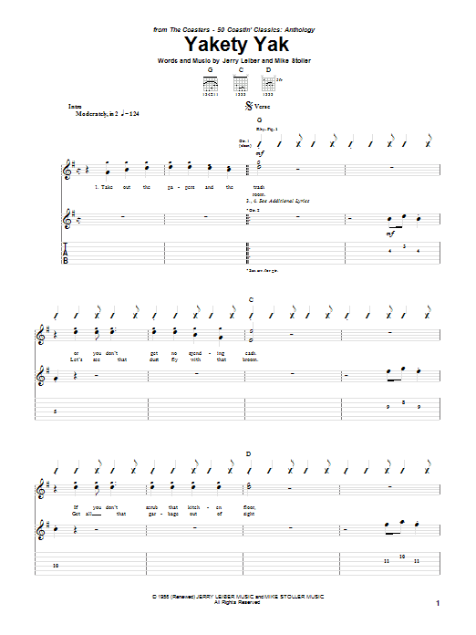 Learn to play The Coasters Yakety Yak sheet music for Guitar Tab in minutes. The Coasters Yakety Yak sheet music notes and chords. Download Printable PDF.