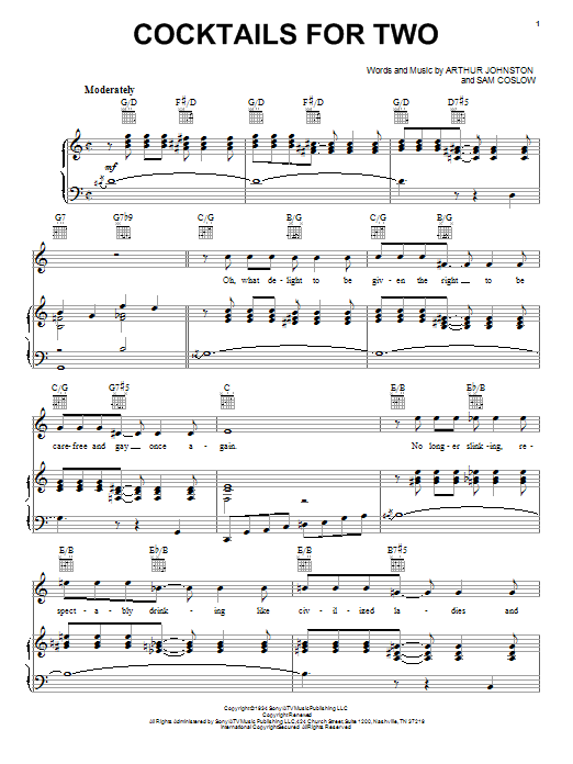 Learn to play Spike Jones and his City Slickers Cocktails For Two sheet music for Piano, Vocal & Guitar (Right-Hand Melody) in minutes. Spike Jones and his City Slickers Cocktails For Two sheet music notes and chords. Download Printable PDF.