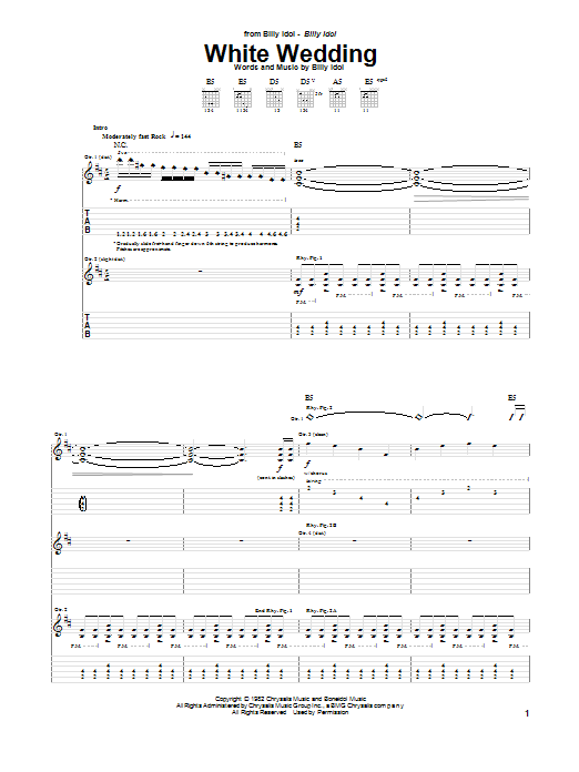 Learn to play Billy Idol White Wedding sheet music for Guitar Tab in minutes. Billy Idol White Wedding sheet music notes and chords. Download Printable PDF.