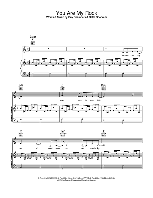 Learn to play Delta Goodrem You Are My Rock sheet music for Piano, Vocal & Guitar in minutes. Delta Goodrem You Are My Rock sheet music notes and chords. Download Printable PDF.