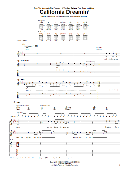 Learn to play The Mamas & The Papas California Dreamin' sheet music for Guitar Tab in minutes. The Mamas & The Papas California Dreamin' sheet music notes and chords. Download Printable PDF.