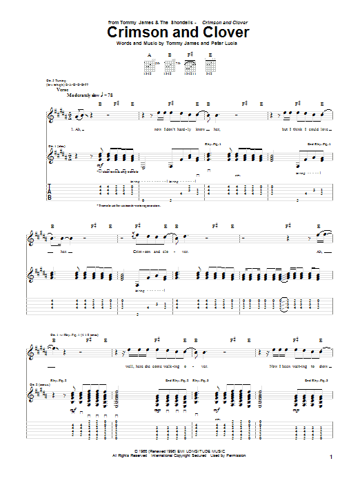 Learn to play Tommy James And The Shondells Crimson And Clover sheet music for Guitar Tab in minutes. Tommy James And The Shondells Crimson And Clover sheet music notes and chords. Download Printable PDF.
