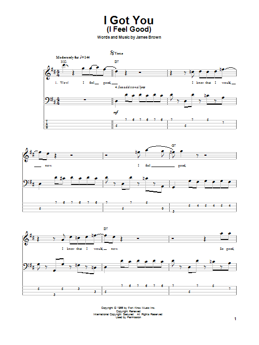 Learn to play James Brown I Got You (I Feel Good) sheet music for Bass Guitar Tab in minutes. James Brown I Got You (I Feel Good) sheet music notes and chords. Download Printable PDF.