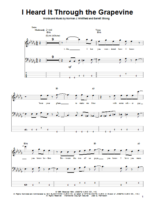 Learn to play Marvin Gaye I Heard It Through The Grapevine sheet music for Bass Guitar Tab in minutes. Marvin Gaye I Heard It Through The Grapevine sheet music notes and chords. Download Printable PDF.