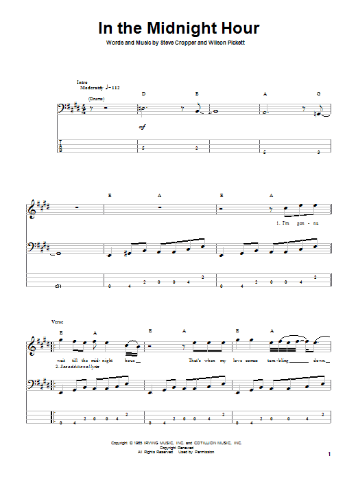 Learn to play Wilson Pickett In The Midnight Hour sheet music for Bass Guitar Tab in minutes. Wilson Pickett In The Midnight Hour sheet music notes and chords. Download Printable PDF.