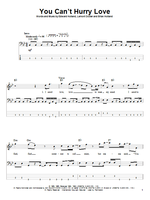 Learn to play The Supremes You Can't Hurry Love sheet music for Bass Guitar Tab in minutes. The Supremes You Can't Hurry Love sheet music notes and chords. Download Printable PDF.