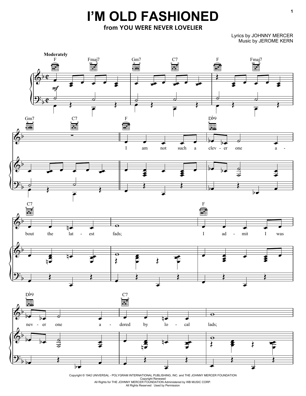 Learn to play Jerome Kern I'm Old Fashioned sheet music for Piano, Vocal & Guitar (Right-Hand Melody) in minutes. Jerome Kern I'm Old Fashioned sheet music notes and chords. Download Printable PDF.