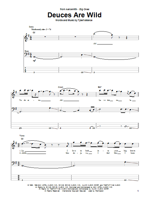 Learn to play Aerosmith Deuces Are Wild sheet music for Bass Guitar Tab in minutes. Aerosmith Deuces Are Wild sheet music notes and chords. Download Printable PDF.