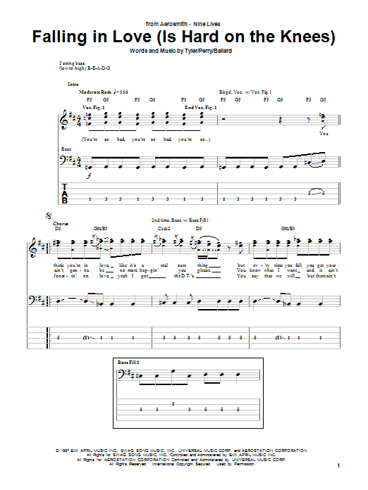 Learn to play Aerosmith Falling In Love (Is Hard On The Knees) sheet music for Bass Guitar Tab in minutes. Aerosmith Falling In Love (Is Hard On The Knees) sheet music notes and chords. Download Printable PDF.