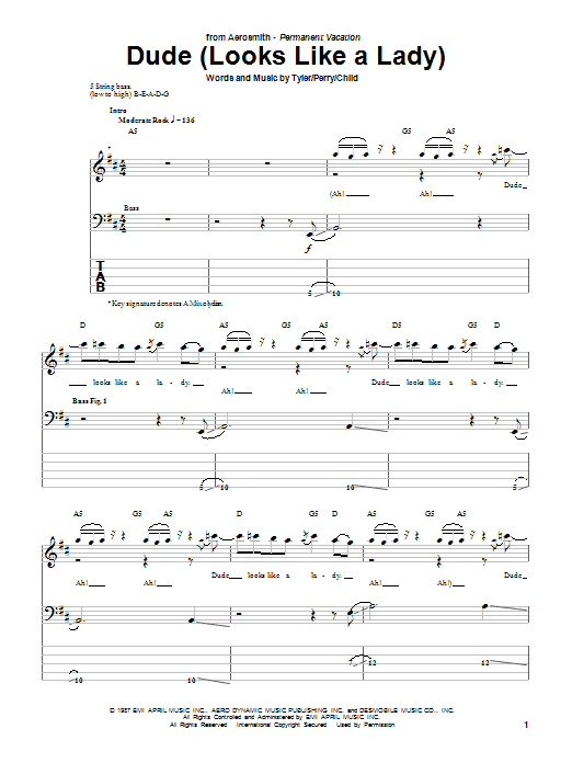 Learn to play Aerosmith Dude (Looks Like A Lady) sheet music for Bass Guitar Tab in minutes. Aerosmith Dude (Looks Like A Lady) sheet music notes and chords. Download Printable PDF.