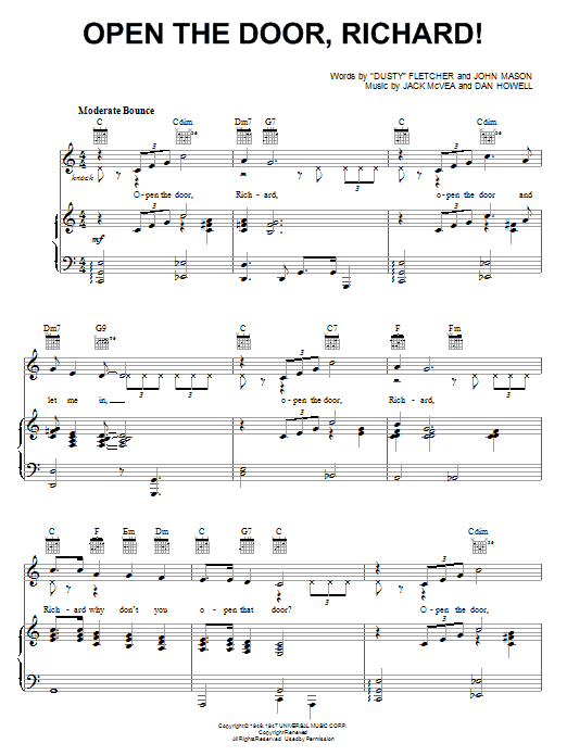 Learn to play Louis Jordan Open The Door, Richard! sheet music for Piano, Vocal & Guitar (Right-Hand Melody) in minutes. Louis Jordan Open The Door, Richard! sheet music notes and chords. Download Printable PDF.