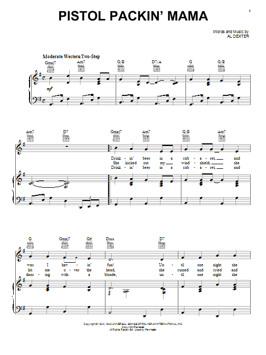 Learn to play The Andrews Sisters Pistol Packin' Mama sheet music for Piano, Vocal & Guitar (Right-Hand Melody) in minutes. The Andrews Sisters Pistol Packin' Mama sheet music notes and chords. Download Printable PDF.