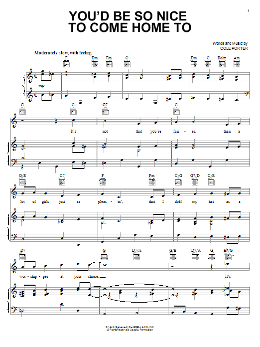 Learn to play Cole Porter You'd Be So Nice To Come Home To sheet music for Piano, Vocal & Guitar (Right-Hand Melody) in minutes. Cole Porter You'd Be So Nice To Come Home To sheet music notes and chords. Download Printable PDF.