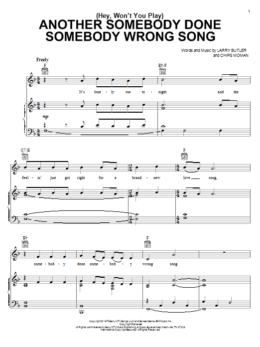 Learn to play B.J. Thomas (Hey, Won't You Play) Another Somebody Done Somebody Wrong Song sheet music for Piano, Vocal & Guitar (Right-Hand Melody) in minutes. B.J. Thomas (Hey, Won't You Play) Another Somebody Done Somebody Wrong Song sheet music notes and chords. Download Printable PDF.