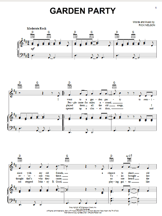 Learn to play Ricky Nelson Garden Party sheet music for Piano, Vocal & Guitar (Right-Hand Melody) in minutes. Ricky Nelson Garden Party sheet music notes and chords. Download Printable PDF.