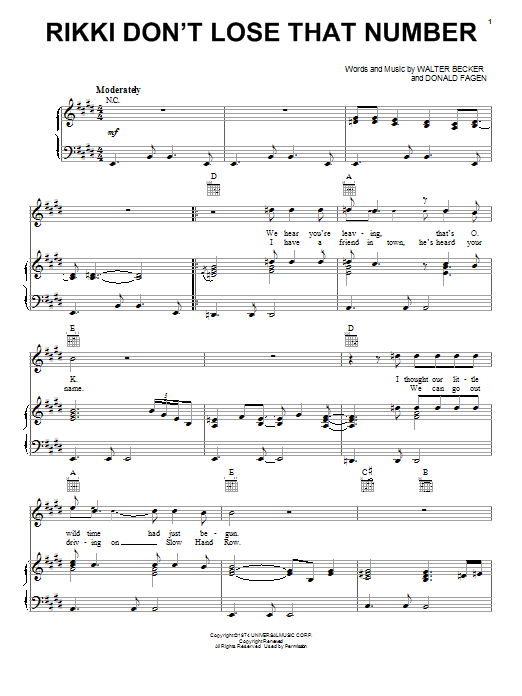 Learn to play Steely Dan Rikki Don't Lose That Number sheet music for Piano, Vocal & Guitar (Right-Hand Melody) in minutes. Steely Dan Rikki Don't Lose That Number sheet music notes and chords. Download Printable PDF.