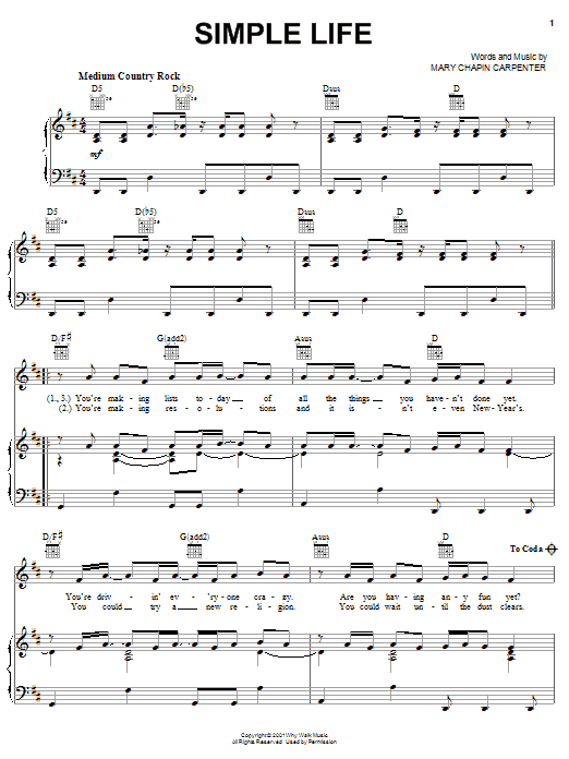 Learn to play Mary Chapin Carpenter Simple Life sheet music for Piano, Vocal & Guitar (Right-Hand Melody) in minutes. Mary Chapin Carpenter Simple Life sheet music notes and chords. Download Printable PDF.