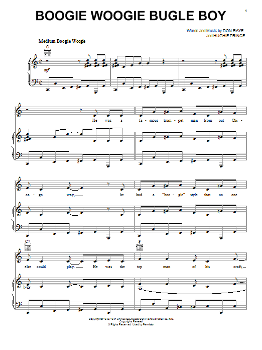 Learn to play The Andrews Sisters Boogie Woogie Bugle Boy sheet music for Piano, Vocal & Guitar (Right-Hand Melody) in minutes. The Andrews Sisters Boogie Woogie Bugle Boy sheet music notes and chords. Download Printable PDF.