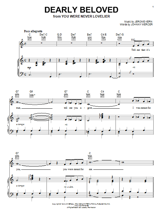 Learn to play Jerome Kern Dearly Beloved sheet music for Piano, Vocal & Guitar (Right-Hand Melody) in minutes. Jerome Kern Dearly Beloved sheet music notes and chords. Download Printable PDF.
