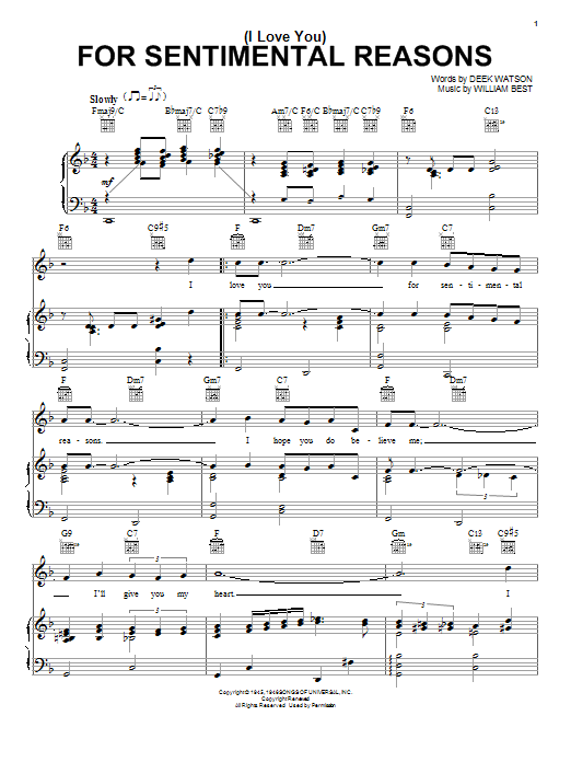 Learn to play Nat King Cole (I Love You) For Sentimental Reasons sheet music for Piano, Vocal & Guitar (Right-Hand Melody) in minutes. Nat King Cole (I Love You) For Sentimental Reasons sheet music notes and chords. Download Printable PDF.