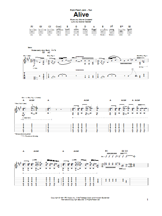 Learn to play Pearl Jam Alive sheet music for Guitar Tab in minutes. Pearl Jam Alive sheet music notes and chords. Download Printable PDF.