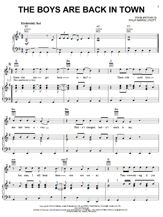 Learn to play Thin Lizzy The Boys Are Back In Town sheet music for Piano, Vocal & Guitar (Right-Hand Melody) in minutes. Thin Lizzy The Boys Are Back In Town sheet music notes and chords. Download Printable PDF.