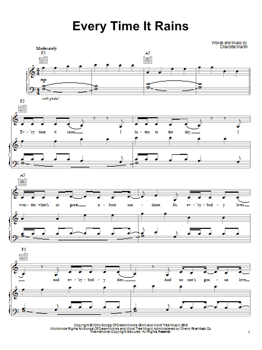 Learn to play Charlotte Martin Every Time It Rains sheet music for Piano, Vocal & Guitar (Right-Hand Melody) in minutes. Charlotte Martin Every Time It Rains sheet music notes and chords. Download Printable PDF.