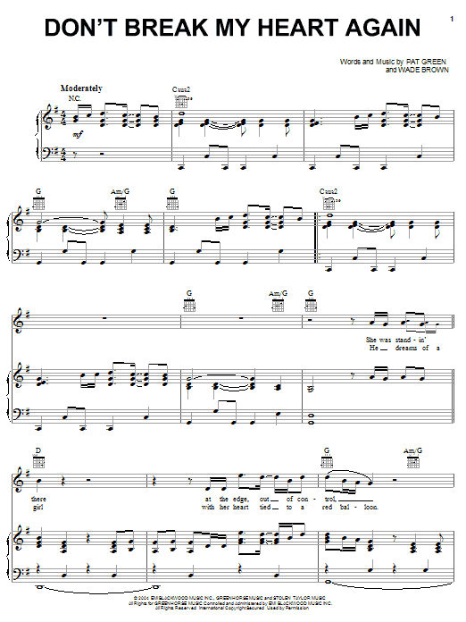 Learn to play Pat Green Don't Break My Heart Again sheet music for Piano, Vocal & Guitar (Right-Hand Melody) in minutes. Pat Green Don't Break My Heart Again sheet music notes and chords. Download Printable PDF.