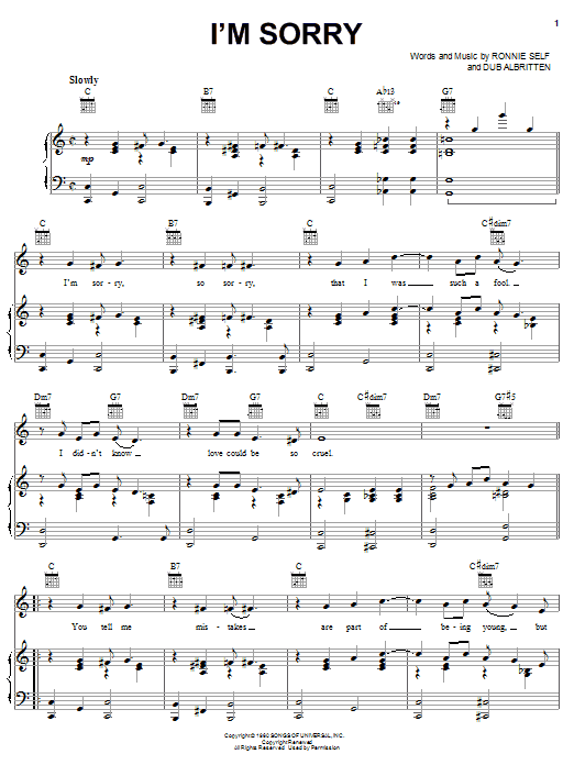 Learn to play Brenda Lee I'm Sorry sheet music for Piano, Vocal & Guitar (Right-Hand Melody) in minutes. Brenda Lee I'm Sorry sheet music notes and chords. Download Printable PDF.