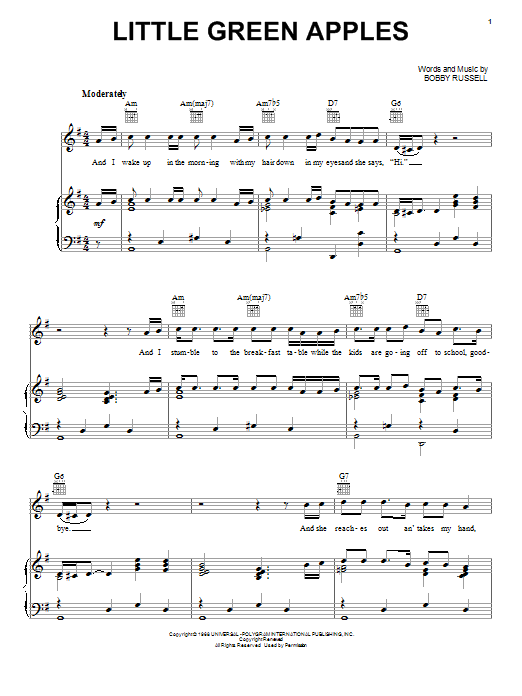 Learn to play Roger Miller Little Green Apples sheet music for Piano, Vocal & Guitar (Right-Hand Melody) in minutes. Roger Miller Little Green Apples sheet music notes and chords. Download Printable PDF.