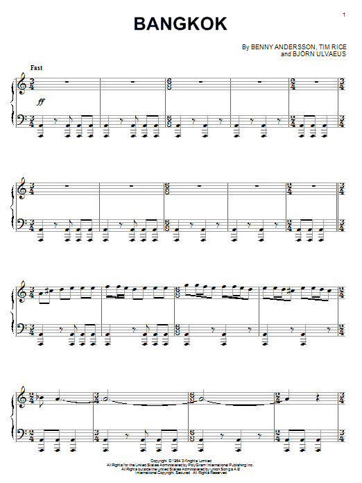 Learn to play Andersson and Ulvaeus Bangkok (from Chess) sheet music for Piano in minutes. Andersson and Ulvaeus Bangkok (from Chess) sheet music notes and chords. Download Printable PDF.