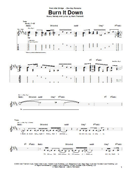 Learn to play Alter Bridge Burn It Down sheet music for Guitar Tab in minutes. Alter Bridge Burn It Down sheet music notes and chords. Download Printable PDF.