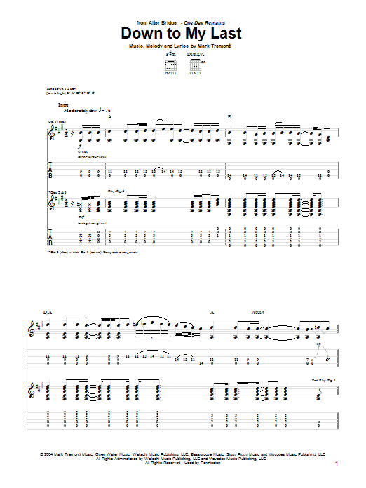 Learn to play Alter Bridge Down To My Last sheet music for Guitar Tab in minutes. Alter Bridge Down To My Last sheet music notes and chords. Download Printable PDF.