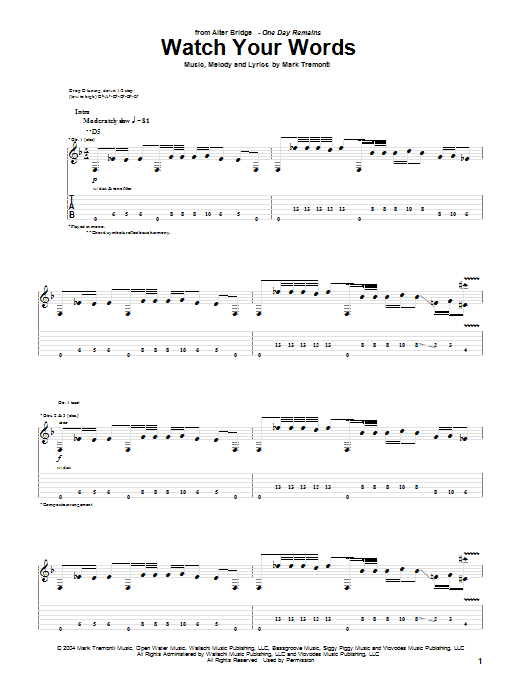 Learn to play Alter Bridge Watch Your Words sheet music for Guitar Tab in minutes. Alter Bridge Watch Your Words sheet music notes and chords. Download Printable PDF.