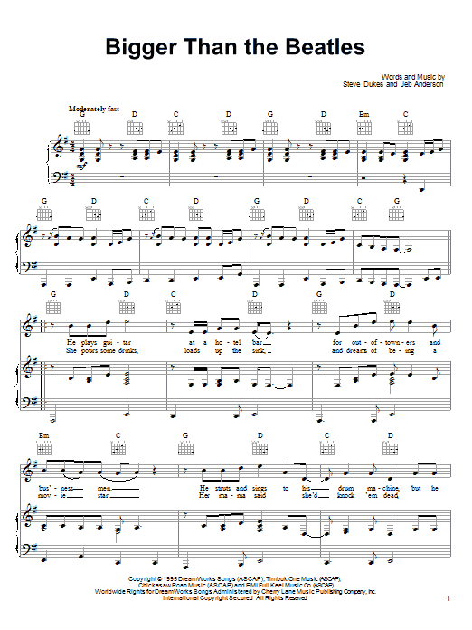 Learn to play Joe Diffie Bigger Than The Beatles sheet music for Piano, Vocal & Guitar (Right-Hand Melody) in minutes. Joe Diffie Bigger Than The Beatles sheet music notes and chords. Download Printable PDF.