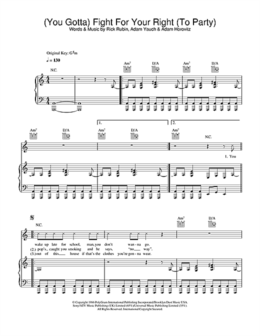 Learn to play Beastie Boys (You Gotta) Fight For Your Right (To Party) sheet music for Piano, Vocal & Guitar in minutes. Beastie Boys (You Gotta) Fight For Your Right (To Party) sheet music notes and chords. Download Printable PDF.