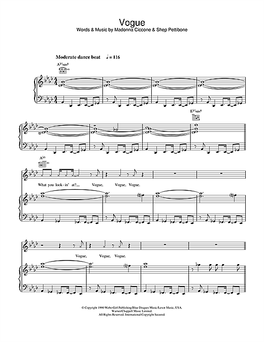 Learn to play Madonna Vogue sheet music for Piano, Vocal & Guitar in minutes. Madonna Vogue sheet music notes and chords. Download Printable PDF.