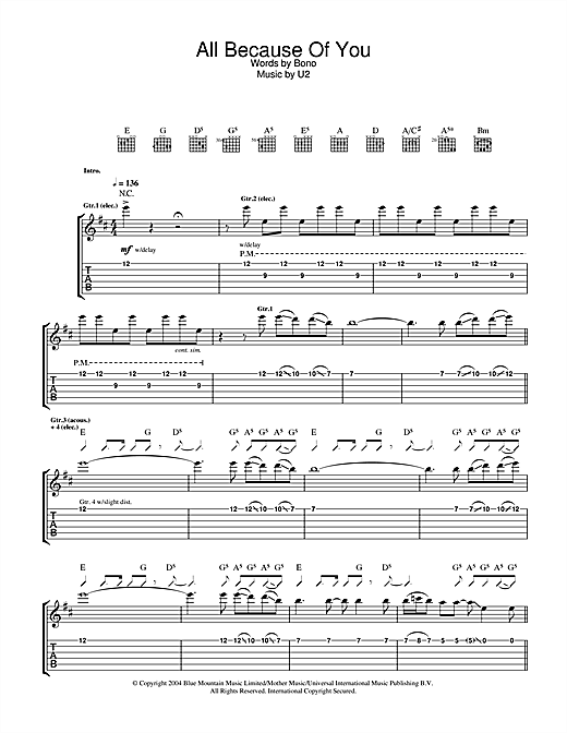 Learn to play U2 All Because Of You sheet music for Guitar Tab in minutes. U2 All Because Of You sheet music notes and chords. Download Printable PDF.