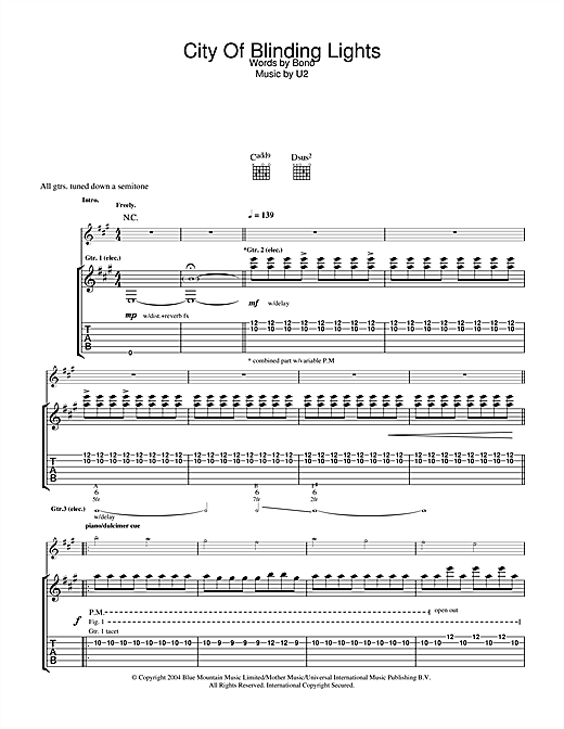 Learn to play U2 City Of Blinding Lights sheet music for Guitar Tab in minutes. U2 City Of Blinding Lights sheet music notes and chords. Download Printable PDF.