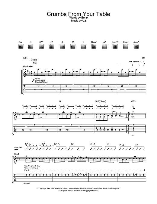 Learn to play U2 Crumbs From Your Table sheet music for Guitar Tab in minutes. U2 Crumbs From Your Table sheet music notes and chords. Download Printable PDF.