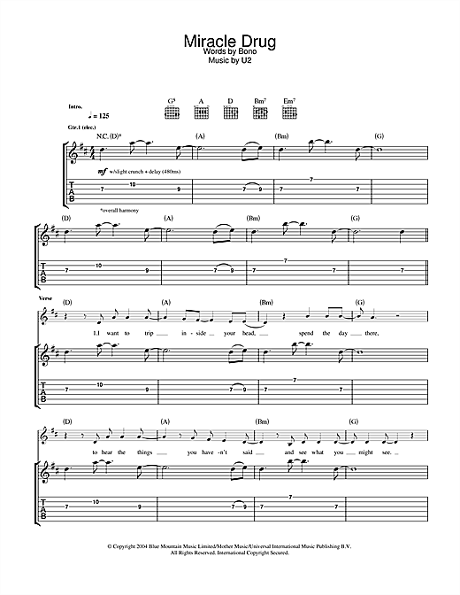 Learn to play U2 Miracle Drug sheet music for Guitar Tab in minutes. U2 Miracle Drug sheet music notes and chords. Download Printable PDF.
