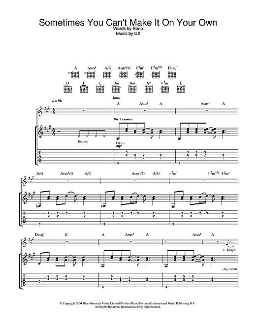Learn to play U2 Sometimes You Can't Make It On Your Own sheet music for Guitar Tab in minutes. U2 Sometimes You Can't Make It On Your Own sheet music notes and chords. Download Printable PDF.
