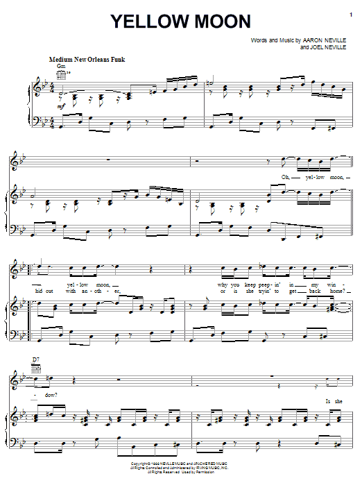 Learn to play Aaron Neville Yellow Moon sheet music for Piano, Vocal & Guitar (Right-Hand Melody) in minutes. Aaron Neville Yellow Moon sheet music notes and chords. Download Printable PDF.